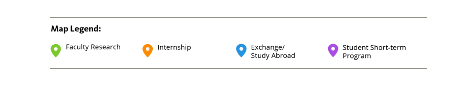 Map Legend: Green Pins = Faculty research, Orange Pins =Internship  Purple- Student short term program, Blue Pins = Exchange/Study Abroad, Purple Pins: Student Short-term Program