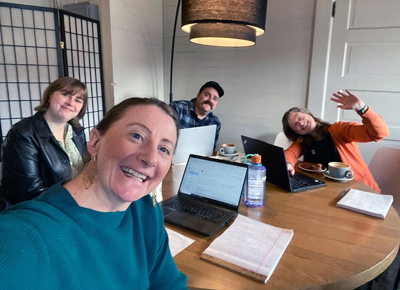 The grant-writing team at Margin Coffee Roaster in Albany: Kate Bentz (from left to right), associate planner, Linn County Planning Department; Kayla Bordelon, regional fire specialist, OSU Extension Fire Program; Christian Whitfield, division chief of wildland operations, Sweet Home Fire District; and Shannon Richardson, director, South Santiam Watershed Council.