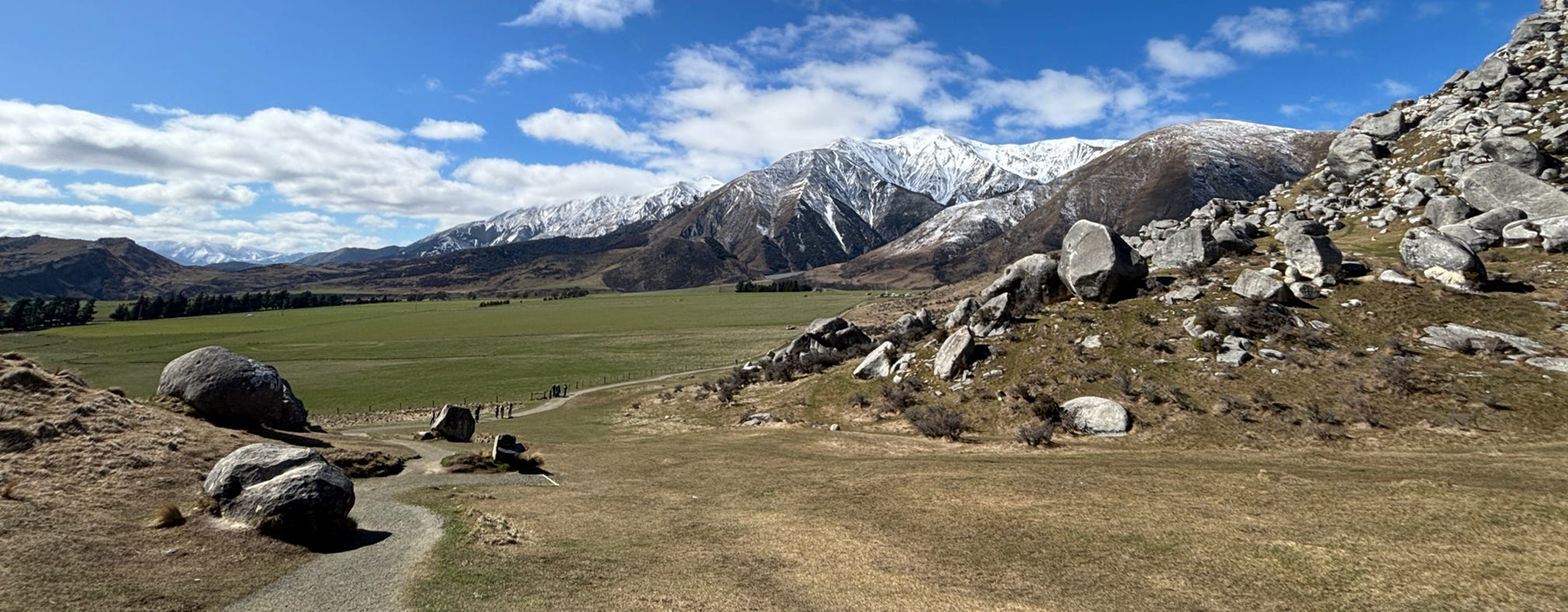 view of field with road and snowcapped mountains in background