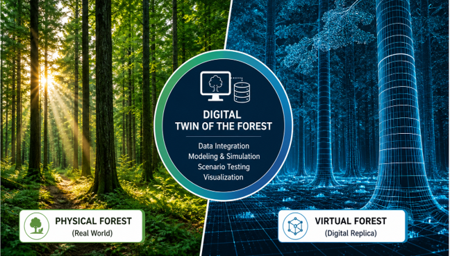 Digital Twin of the Forest. Image shows physical forest (real world) and virtual forest (digital replica) side by side