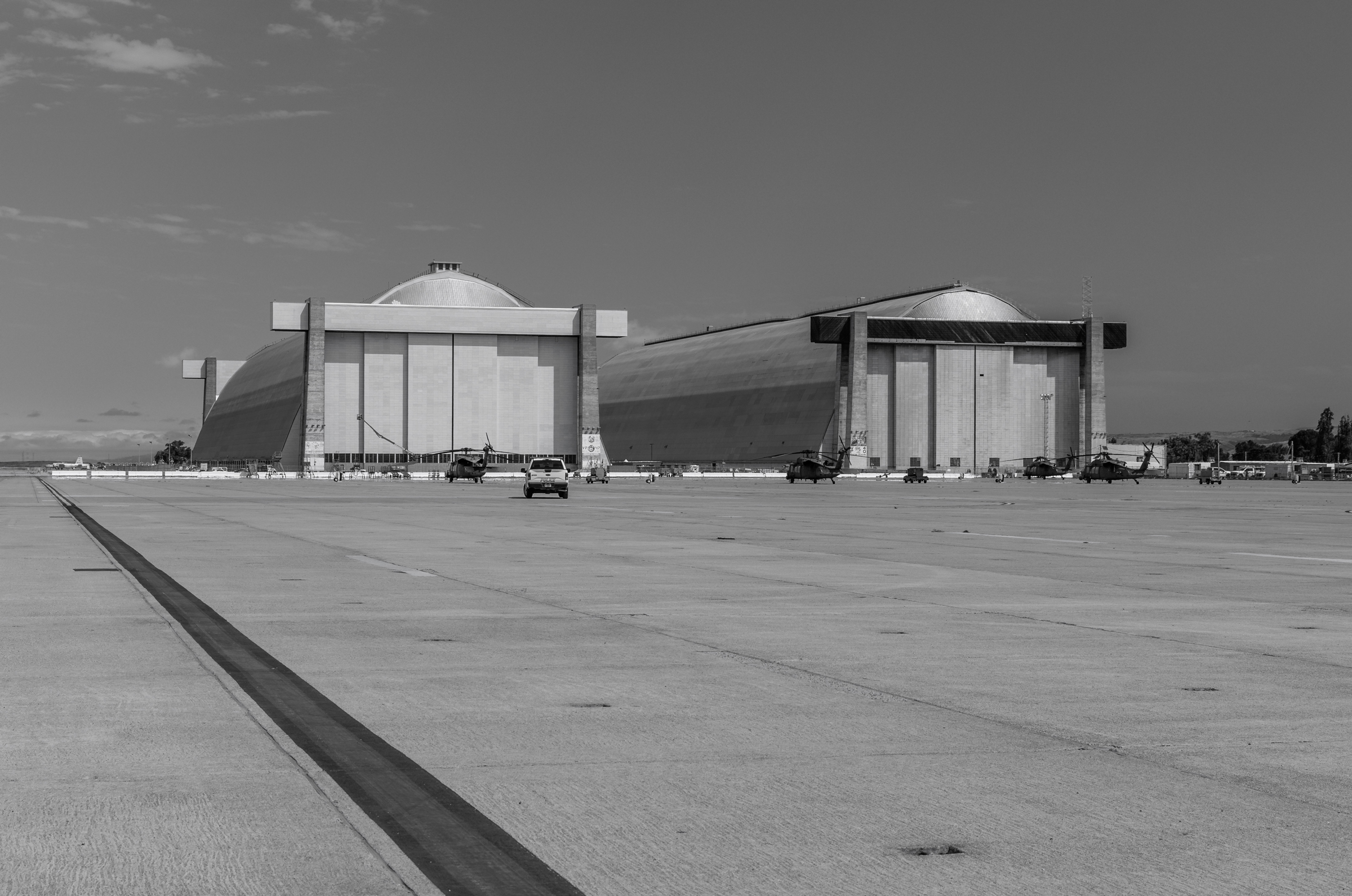 South facades of Hangar 2 and Hangar 3, Naval Air Station Moffett Field. Stephen D. Schafer, 2022.