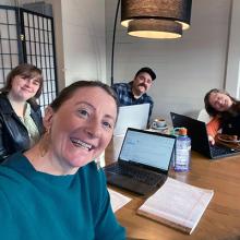 The grant-writing team at Margin Coffee Roaster in Albany: Kate Bentz (from left to right), associate planner, Linn County Planning Department; Kayla Bordelon, regional fire specialist, OSU Extension Fire Program; Christian Whitfield, division chief of wildland operations, Sweet Home Fire District; and Shannon Richardson, director, South Santiam Watershed Council.