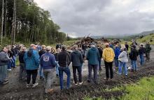 At the PH Timber, LLC-Broken Gate fire site, presenters explained the consequences of a human-caused wildfire, the risks posed by unburned slash piles and the work involved in salvage harvesting and replanting. 