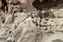 Visitors climb ladders to ancient cliffside dwellings at Bandelier National Monument.