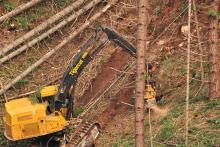 Tethered-assisted logging on a steep forested slope.